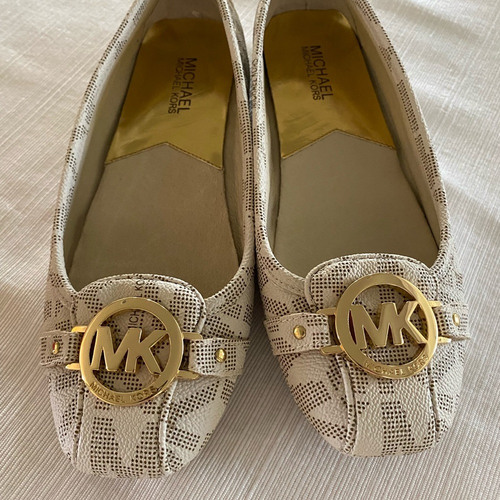 MICHAEL Michael Kors Cream Logo-Print Slip-On Flats with Gold MK Medallion